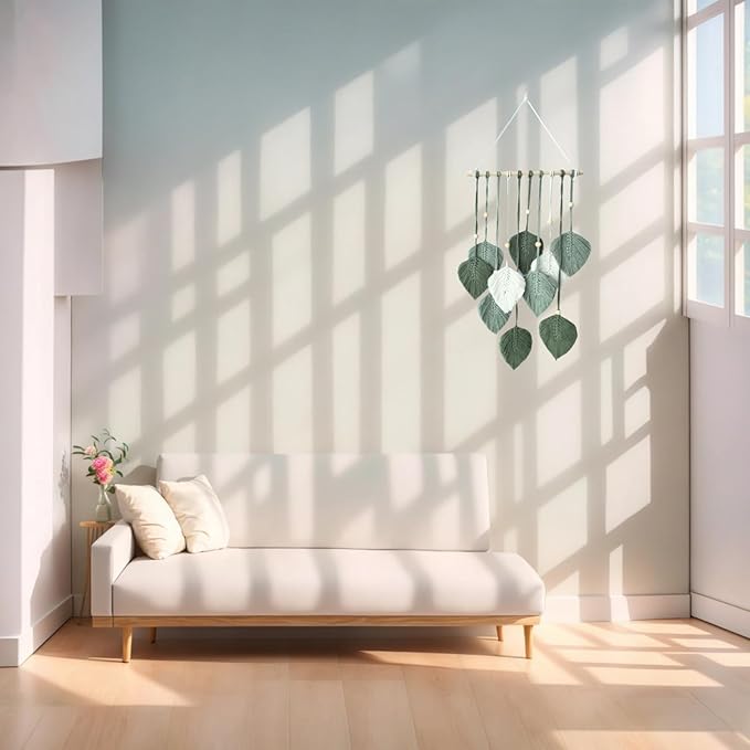 Madiffcult Macrame Wall Hanging Boho Wall Decor Woven Feather Wall Art Handmade Macrame Leaf Tapestry with Wooden Beads for Bedroom Living Room Nursery 16x27 Inch (Green)-Ruum Studio Home