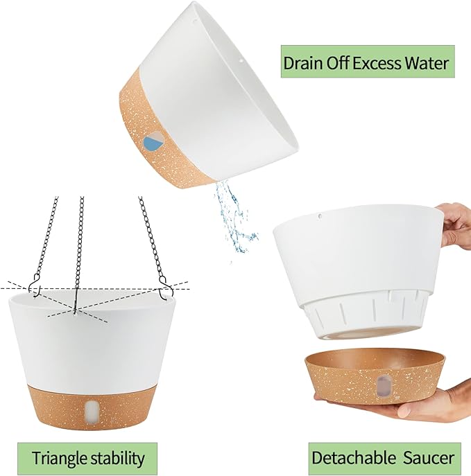 2 Pack 10 Inch Hanging Planters for Indoor Outdoor Plants, Hanging Plant Flower Pot Basket with Drainage Hole with Removable Tray&Hooks Self Watering Plant Pot for Hanging Plants, White-Ruum Studio Home