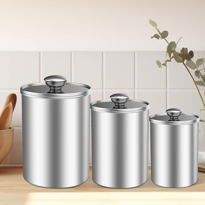 ENLOY Stainless Steel Food Storage Container Set of 3, 88/61/29 oz with Clear Glass Lids - Ideal for Coffee, Tea, Sugar, Flour Canisters-Ruum Studio Home