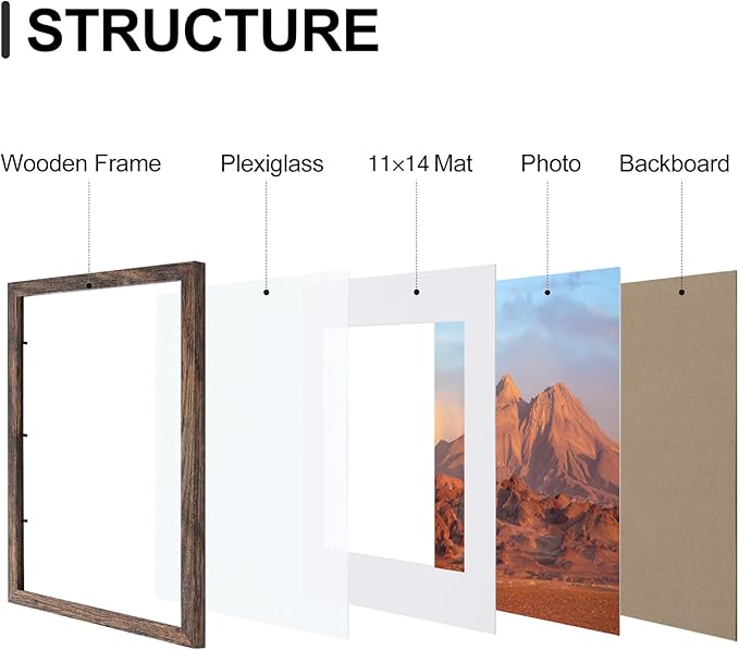 Vittanly 12x16 Picture Frames Set of 9, Shatter Resistant Plexiglass, Display 11x14 Pictures with Mat or 12x16 without Mat, Photo Frames for Wall Mount, Engineered Wood, Brown-Ruum Studio Home