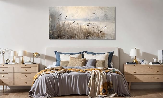 LASMOND Vintage Meadow Wall Art for Living Room Reed Grass Canvas Painting Prints Large Retro Rustic Cottagecore Countryside Landscape Farmhouse Bedroom Artwork Home Decor (30x16 Inches)-Ruum Studio Home