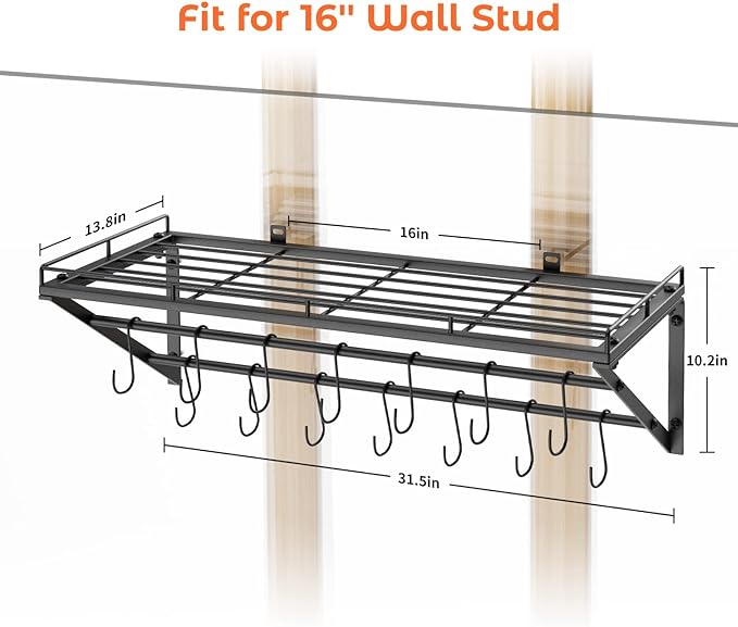 OROPY 31 Inch Wall Mounted Pot Rack Storage Shelf with 2 Tier Hanging Rails 14 S Hooks included, Ideal for Pans, Utensils, Cookware - Black-Ruum Studio Home