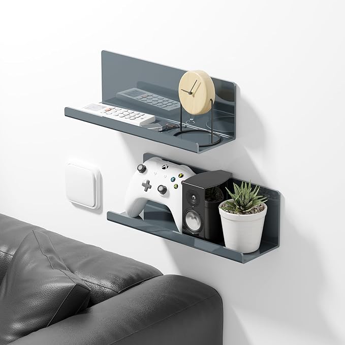 Adhesive Floating Shelves for Wall No Drilling, 12 Inch Acrylic Self Adhesive Shelves, Stick on Shelves, Dorm Wall Shelf, for Bathroom, Kitchen, Bedroom, Office, Gaming Room, Gray-Ruum Studio Home