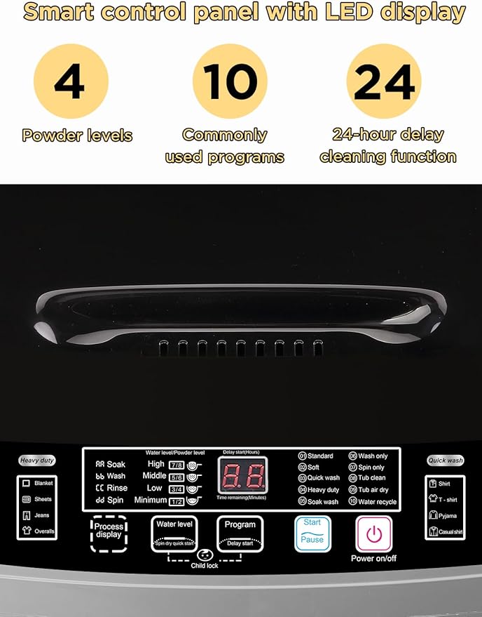 17.7 lbs Full-Automatic Washing Machine with LED Display, Portable Compact Laundry Washer with Drain Pump, 10 Wash Programs 8 Water Levels, Grey-Ruum Studio Home