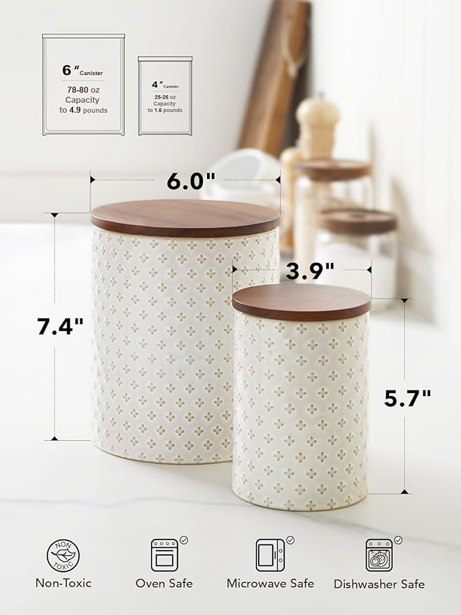 LE TAUCI Food Storage Containers with Airtight Lids, 78/25 oz Ceramic Sugar Canisters Sets, Embossed Large Jars for Pasta, Oats, Coffee Bean, Cookies, Rice, Grains, Tea - Set of 2, Clover-Ruum Studio Home