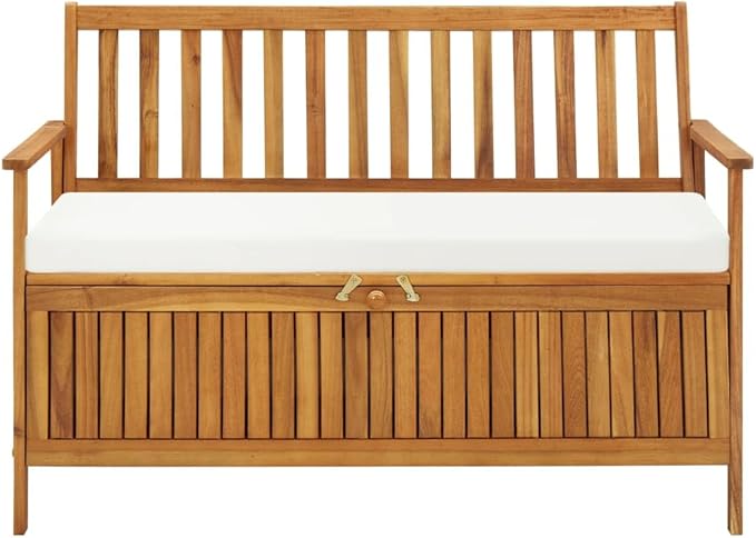 vidaXL Solid Acacia Wood Outdoor Storage Bench with Backrest, Armrests, and Cushion - 47.2"x24.8"x33.1" Rustic Patio Furniture with Large Storage Compartment-Ruum Studio Home