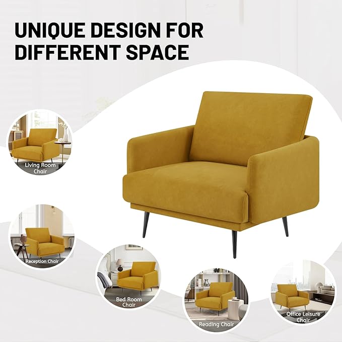 Oversized Accent Chair Set of 2 for Living Room Chairs Reading Arm Chair Comfy Modern Single Sofa Side Chairs with Metal Legs & Soft Cushion for Bedroom, Balcony,Waiting Room (Velvet, Amber Yellow)-Ruum Studio Home