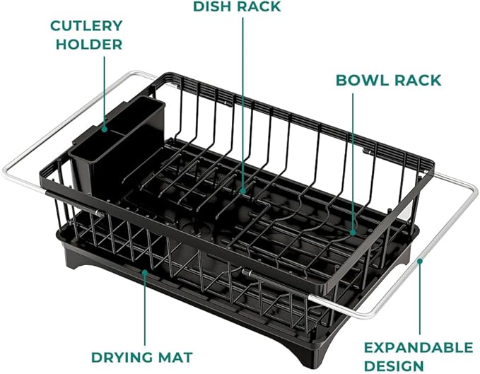 Expandable Dish Drying Rack in Sink, Adjustable Stainless Steel Rustproof Grip Handles Dish Rack Over The Sink, Dish Strainer with Drying Tray & Utensil Holder-Ruum Studio Home