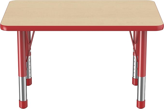 FDP Rectangle Activity School and Classroom Kids Table (24 x 36 inch), Chunky Toddler Leg, Adjustable Height 15-24 inches - Maple Top and Red Edge-Ruum Studio Home