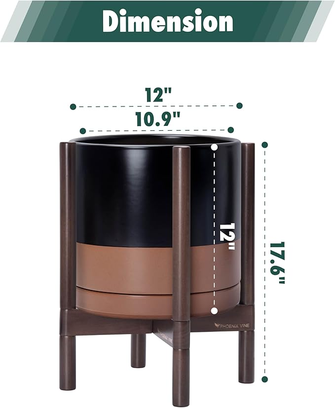 D'vine Dev Ceramic Planter with Walnut Color Stand - 12 Inch Modern Round Flower Pot with Wood Planter Holder, Black/Speckled Tan, 55-B-W-7-Ruum Studio Home