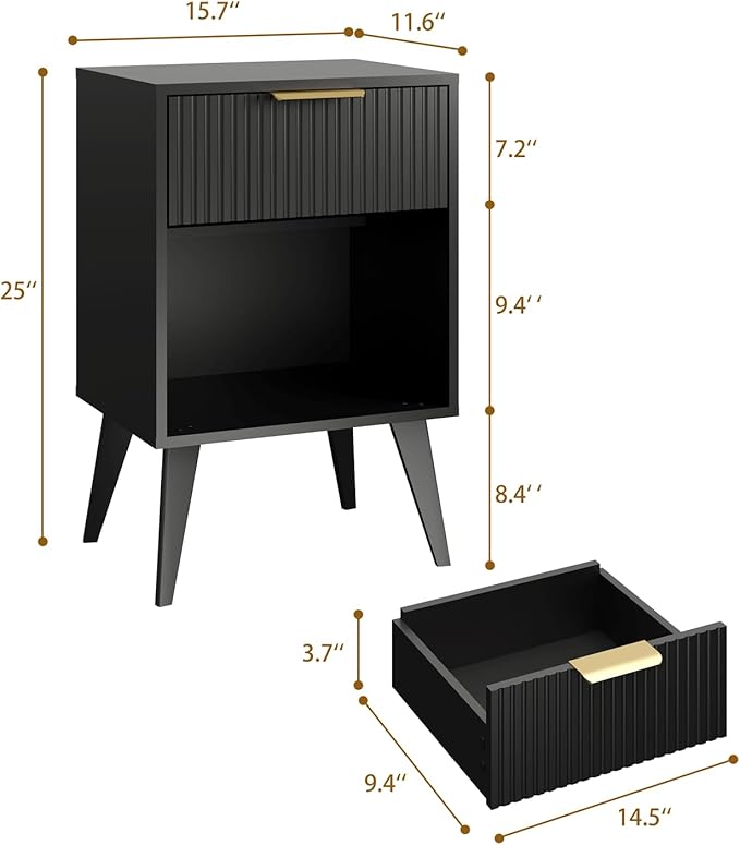 Fluted Night Stand with Opening Storage,Mid Century Bedside Table with Drawer,Modern Nightstand with Solid Wood Legs,End Table Side Table for Living Room,Bedroom,Black CTG56BK-Ruum Studio Home