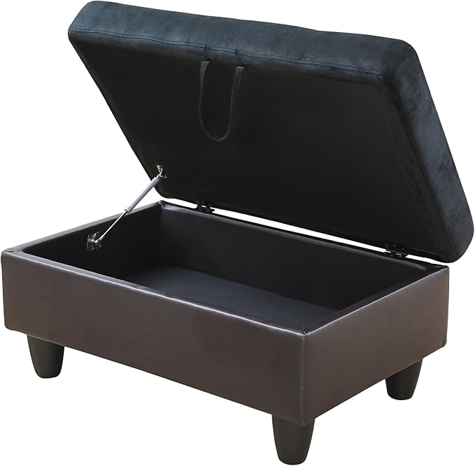 Ottoman Rectangular Storage Ottoman Bench, Flannel Footrest Stool Footstool with Lid for Living Room, Bedroom, Entryway, Dark Blue&Brown, 35"x23.5"x17.5"-Ruum Studio Home