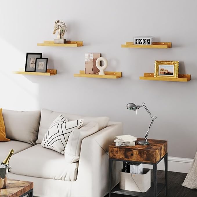 RICHER HOUSE 5 Set Floating Shelves for Wall Decor, Wall Mounted Book Shelf, Nursery Shelves Picture Ledge Shelf with Lip for Wall Storage, Bedroom, Living Room, Bathroom - Oak-Ruum Studio Home