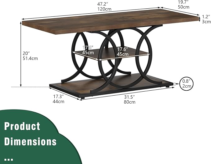 GiftGo Rustic Coffee Table with Storage Industrial 3 Tier Center Living Room Table Farmhouse Wooden Rectangle Cocktail Tea Table for Office Bedroom Elegant Full Moon Round Metal Frame (Brown, L-47)-Ruum Studio Home