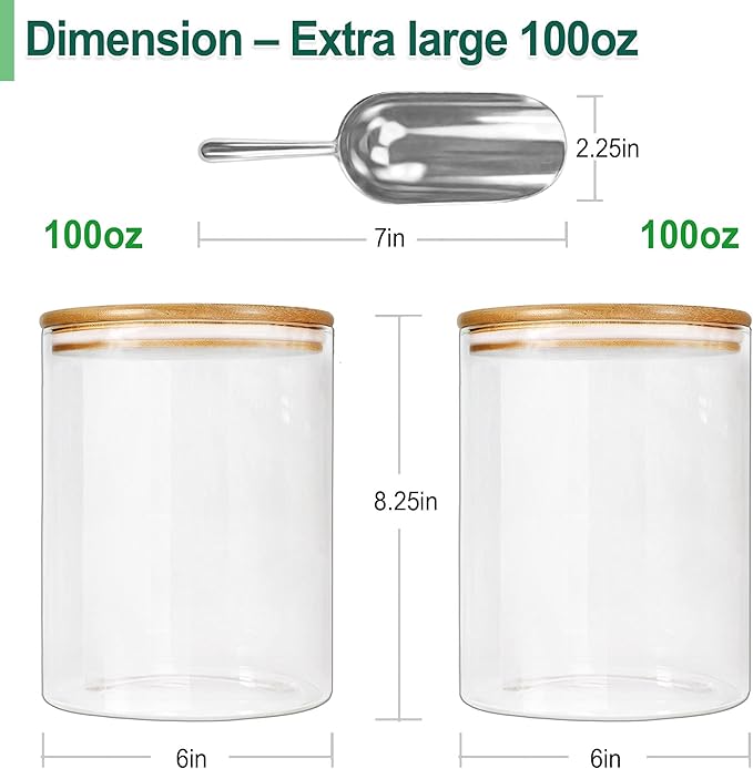 Urban Green Glass Jar with Bamboo Lids (2 sets 100oz) with Metal Scoop, Food Storage Containers with Airtight Lids, Glass Canisters sets, Flour Container Jar-Ruum Studio Home