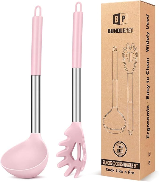 Silicone Pasta Fork and Ladle Spoon Set, Large Non Stick Kitchen Utensils for Cooking,Stirring,Serving Spaghetti, Soup, Sauce (PINK)-Ruum Studio Home