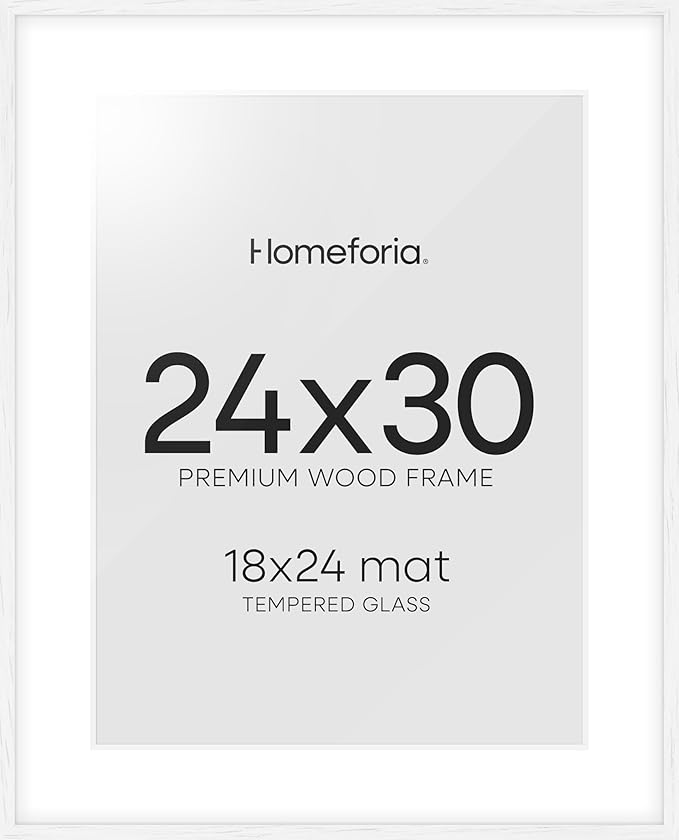 Homeforia 24x30 Poster Frame White, High End Oak 24 x 30 White Wood Picture Frames with Mat 18 x 24 for Photo, 24x30 Wooden Frame Matted to 18x24, 30x24 Large Frame, Tempered Glass, Wall Kit, Set of 1-Ruum Studio Home