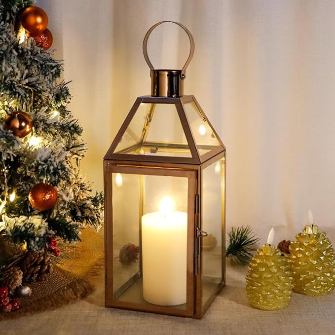JHY Design Rose Gold Decorative Lanterns 16 inch High Stainless Steel Candle Lanterns with Tempered Glass for Indoor Outdoor Events Parities and Weddings-Ruum Studio Home