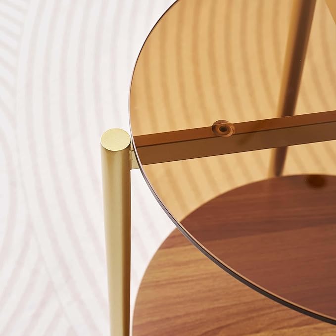 Round Glass End Table, Mid-Century Modern Design Sofa Table for Living Room, D18 x H23, 2-Tier Structure, Amber Glass Top and Walnut Shelf, Sleek Conical Legs with Gold Finish Frame-Ruum Studio Home