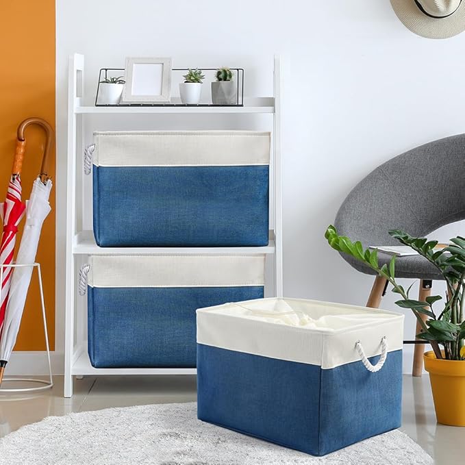 TheWarmHome Organization and Storage Basket for Shelves - Jumbo 3 Pack 20x16x14 inch Collapsible Storage Bins for Organizing, Canves Storage Cubes for Gift Organizer Toys Closet (White & Jean Blue)-Ruum Studio Home