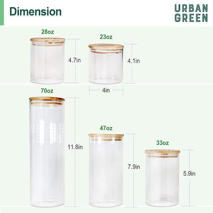 Urban Green Glass Jars with Bamboo Lids, Glass Airtight Canisters sets, Food Storage Container, Pantry Organization and Storage Jars, Kitchen Canisters Sets, Flour Containers of 6-Ruum Studio Home