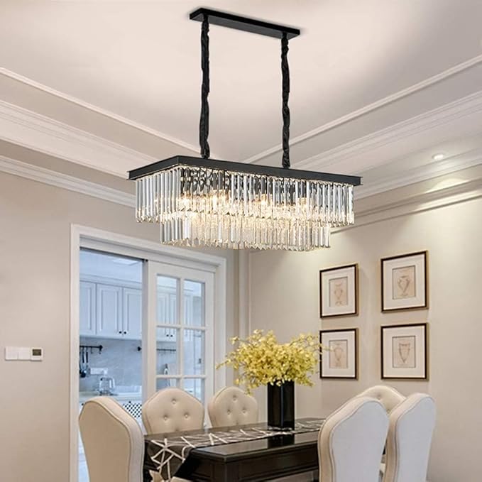 Modern K9 Crystal Chandelier Pendant Light Fixture, Rectangular Ceiling Lamp with 8-Lights for Dining Room & Kitchen, Finished in Chrome, L33.5 Inch-Ruum Studio Home