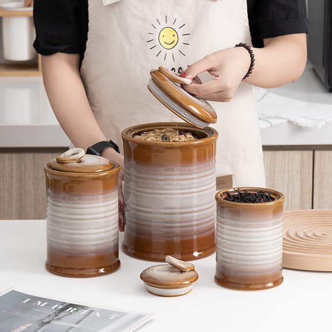 Nihow Ceramic Food Storage Jar Sets: Container with Air Tight Ceramic Lid for Flour/Sugar/Rice/Coffee/Cookies/Candy - Seal Damp-proof Canister for The Kitchen - Set of 3 （Brown）-Ruum Studio Home