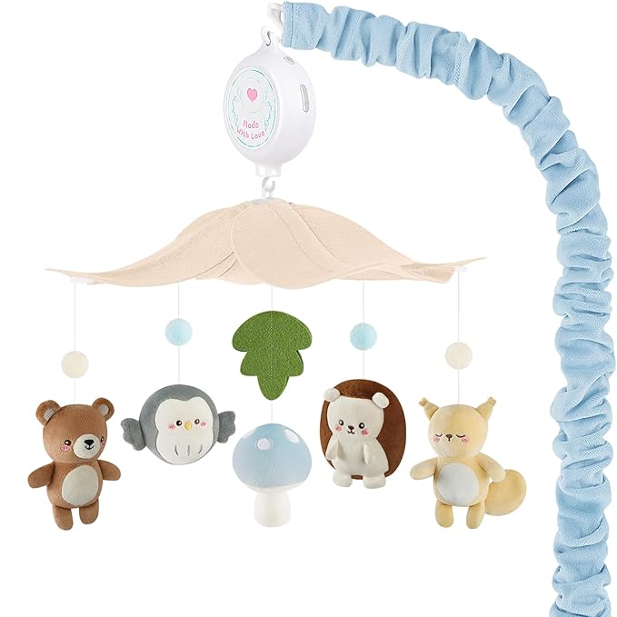 Woodland Crib Mobile – Forest Animals Baby Mobile for Crib with Upgraded 3-Mode Music Box, Blue Nursery Mobiles for Boys & Girls, Fits Standard Cribs, Forest Nursery Decor-Ruum Studio Home