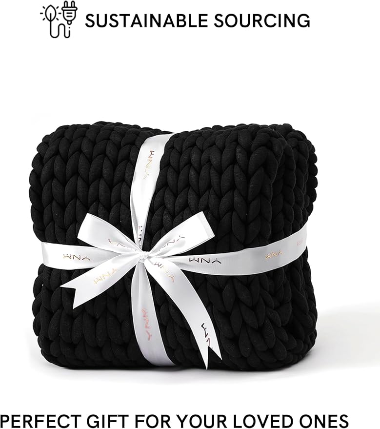 YnM Chunky Throw Blanket, Medium-Weight, Hand Knitted, Skin Friendly, Ventilated and Breathable, Machine Washable, Home Décor Piece for Couch, Sofa and Bed (Black, 60x80 Inch)-Ruum Studio Home