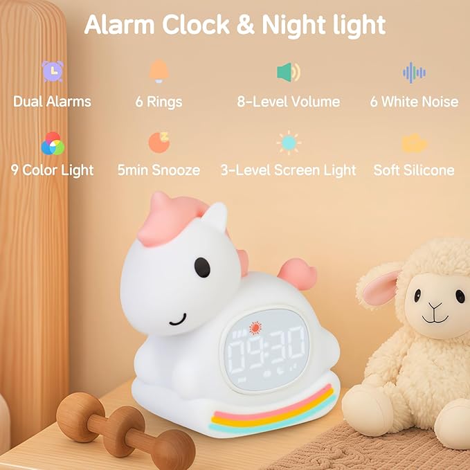 Cute Alarm Clock for Kids with Night Light, Sleep Training Clock Time to Wake Clock, Rechargeable Silicone Light for Bedroom, Perfect Sleep Companion for Boys Girls, Pink Pony-Ruum Studio Home