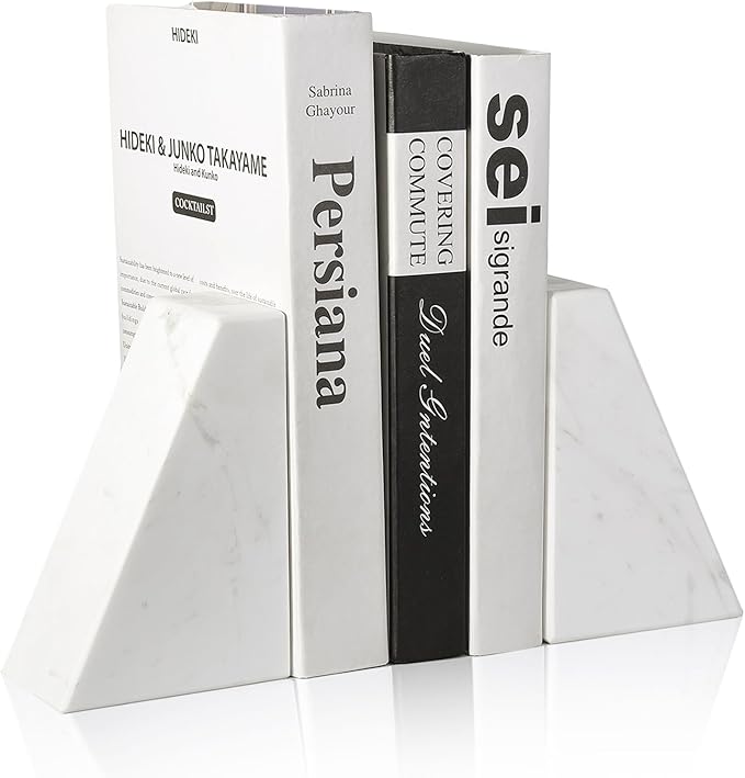 Marble Bookends for Heavy Books, Decorative Book Ends for Shelves, White Stone Durable and Heavy-Duty Book Ends for Hardback Books & CDS, Unique Book Stopper & Holder, Set of 2-Ruum Studio Home