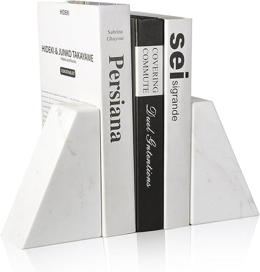 Marble Bookends for Heavy Books, Decorative Book Ends for Shelves, White Stone Durable and Heavy-Duty Book Ends for Hardback Books & CDS, Unique Book Stopper & Holder, Set of 2-Ruum Studio Home