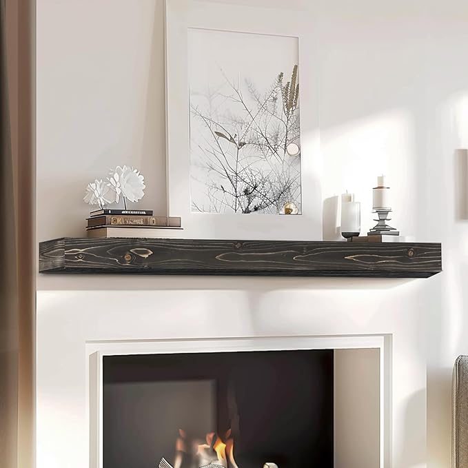 56x8x3 Fireplace Mantel - Handcrafted Hollow Rustic Solid Wood Wall Mounted Floating Shelf with Invisible Heavy Duty Wood Bracket (Weathered Black)-Ruum Studio Home