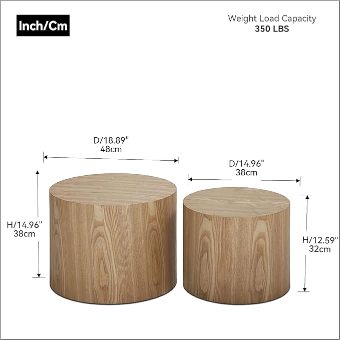 Nesting Coffee Table Set of 2, Modern Round Coffee Table with Non-Slip Feet, Oak Wooden Circle Accent Tables for Small Spaces Living Room Bedroom Balcony Office Drum Side Table-Ruum Studio Home