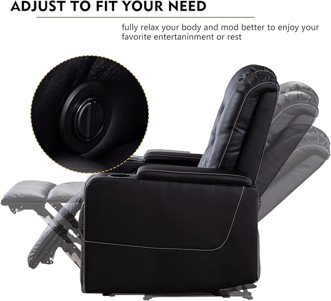 CANMOV Electric Power Recliner Chair with USB Ports and Cup Holders, Breathable Leather Home Theater Seating with Hidden Arm Storage (Black)-Ruum Studio Home