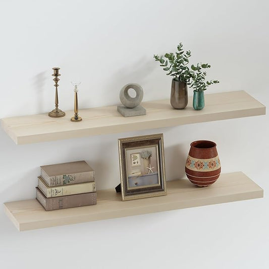SAUMONIERES Floating Shelves 8 Inch Deep Solid Wood Wide Wall Shelf Set of 2 Wall Mounted for Bedroom Bathroom Living Room Kitchen, 36 Inch Natural-Ruum Studio Home