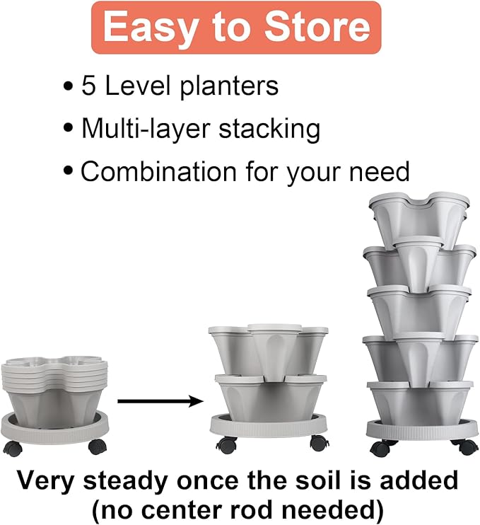 Vertical Planter 5 Tier Stackable Planters Garden Planters Strawberry Herb Flower and Vegetable Planter Indoor Outdoor Gardening Pots with Removable Wheels and Tools-Ruum Studio Home