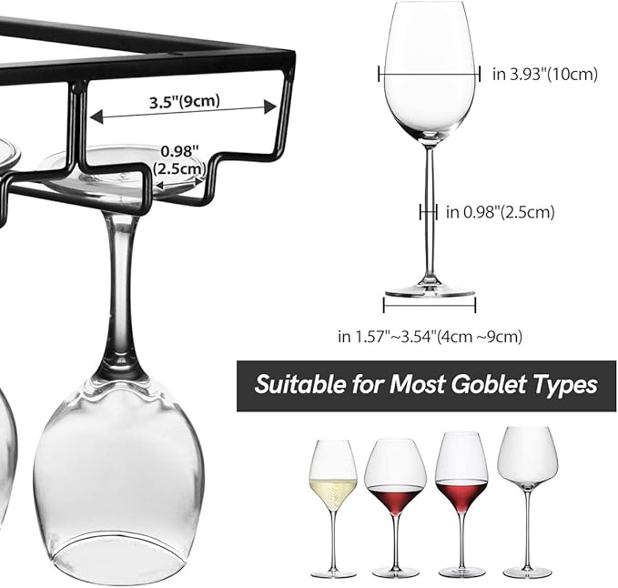 Xverycan Wine Glass Rack Under Cabinet, 8 Row Extreme Large Stemware Hanger, Metal Wine Goblet Holder, DIY Bar Glass Storage Rack for Bar Counter, Kitchen, Screws Included (Black)-Ruum Studio Home