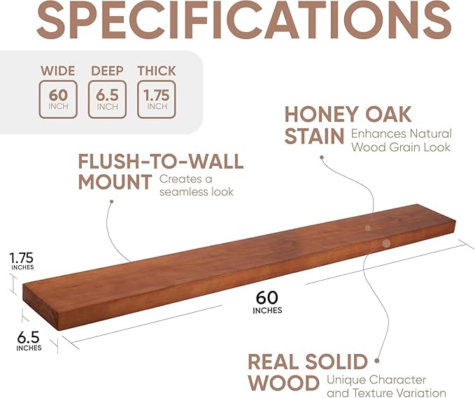 Homeforia Floating 60 inch Oak Shelves, High End Solid Real Wood 60inch Floating Shelf for Wall Mounted, Honey Oak Wooden 60in Large Floating Shelves, Heavy Duty Bracket, 60 X 6.5 X 1.75 in, Set of 2-Ruum Studio Home