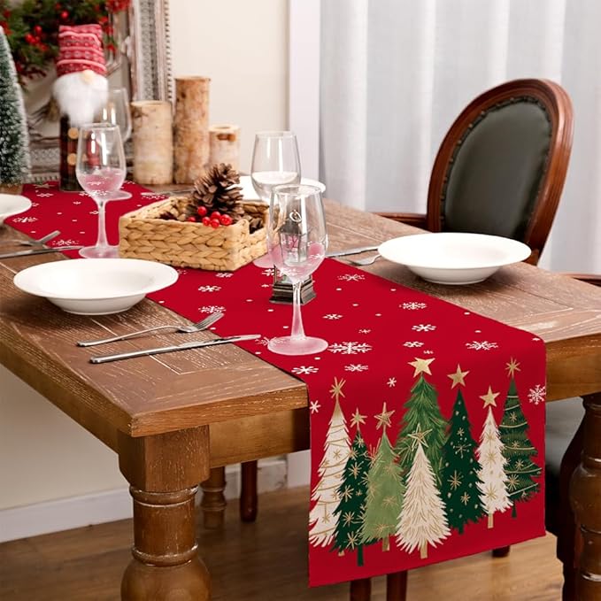 GEEORY Christmas Table Runner 13x72 Inch, Xmas Trees Snowflakes Winter Holiday Decorative Farmhouse Table Decorations for Kitchen Dinning, Indoor Outdoor Dinner Party Decor (Red) GT150-72-Ruum Studio Home