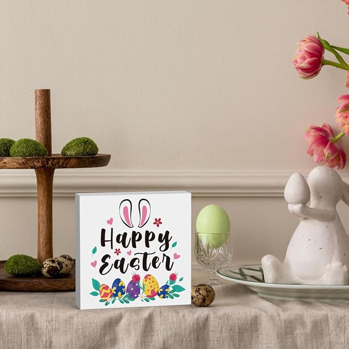 Rustic Farmhouse Bunny Easter Decorations Country Home Office Desk Decor Happy Easter Sign Cubicle Shelf Tabletop Tiered Tray Decor Gifts for Women 5 X 5 Inch-Ruum Studio Home