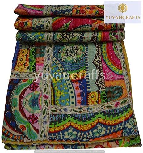 YUVANCRAFTS Patchwork Cotton Kantha Quilt - Indian Traditional Handmade Bedding Vintage Multi Color Quilt Blanket (Queen (90"x108"), Multi Patch 1)-Ruum Studio Home