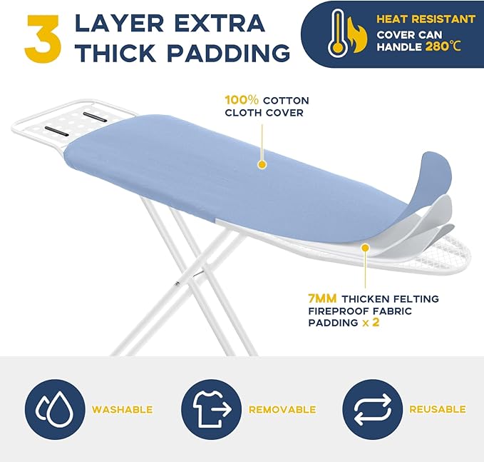 Full Size Ironing Board with Iron Rest, Heavy Duty Compact Ironing Board 43"x13" with Thick Cover and Pad, Height Adjustable Sturdy Iron Stand, Blue-Ruum Studio Home