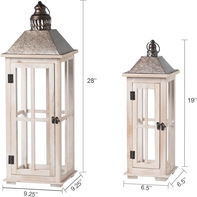 TIMRIS Large Rustic Wooden Decorative Lantern Set of 2, Modern Farmhouse Distressed Whitewash Floor Candle Lanterns, Indoor/Outdoor Hanging Lanterns for Home Decor (No Glass)-Ruum Studio Home