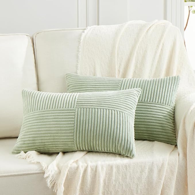 Fancy Homi 2 Packs Sage Green Lumbar Decorative Throw Pillow Covers 20x28 Inch for Living Room Couch Bed, Rustic Farmhouse Boho Home Decor, Soft Striped Corduroy Rectangle Accent Cushion Case 50x70 cm-Ruum Studio Home