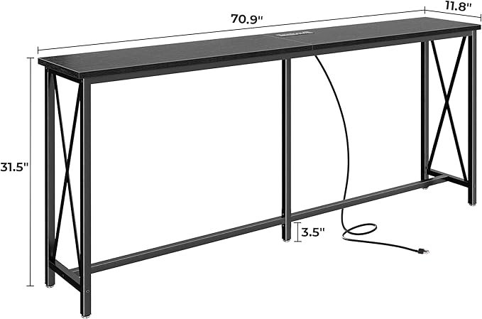SUPERJARE 70 Inch Console Table with Outlets and USB-C Port, Extra Long Behind Couch Sofa Table with X-Shaped Design, Narrow for Entryway, Living Room, Metal Frame, Wooden Top, Black-Ruum Studio Home