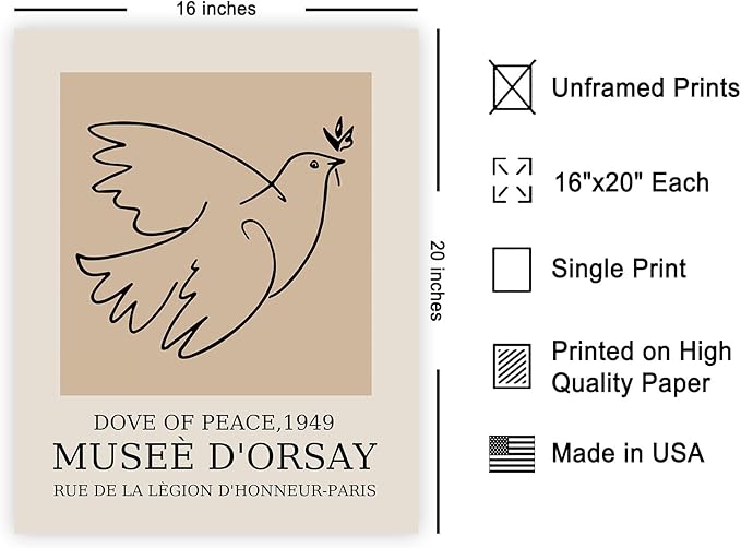 Poster Master Vintage Poster - Dove Print - Bird Art - Line Drawing - Sketch Art - Gift for Boys, Girls & Animal Lover - Minimal Decor for Kid's Room or Nursery - 16x20 UNFRAMED Wall Art-Ruum Studio Home