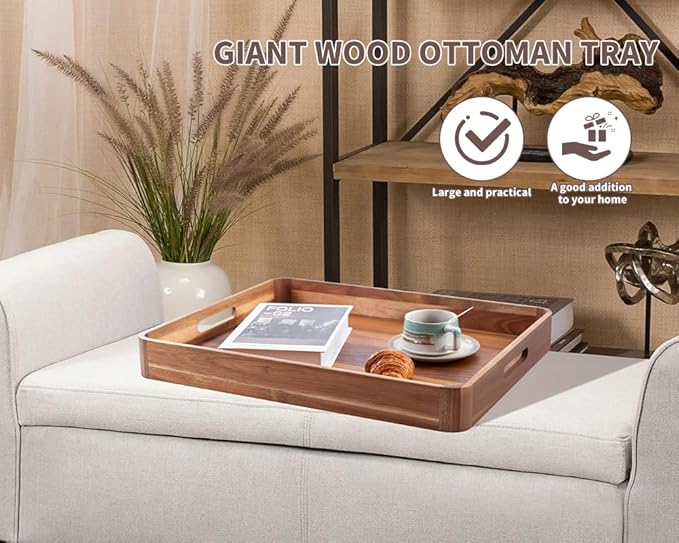Large Wooden Ottoman Tray, Great 22"x18" Rectangle Trays for Big Ottoman Counter, Huge Kitchen Wood Serving Tray Round Corner, Living Room Coffee Table Decor Centerpiece Organizer Trays-Ruum Studio Home