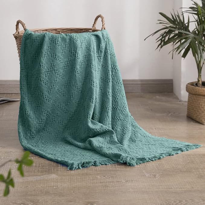 Simple&Opulence 100% Cotton Throw Blanket for Bed, Couch, Boho Luxury Geometric Knit Woven Blanket with Tassels Soft Lightweight Cozy Breathable, Vintage Farmhouse Decoration for All-Season(Green)-Ruum Studio Home
