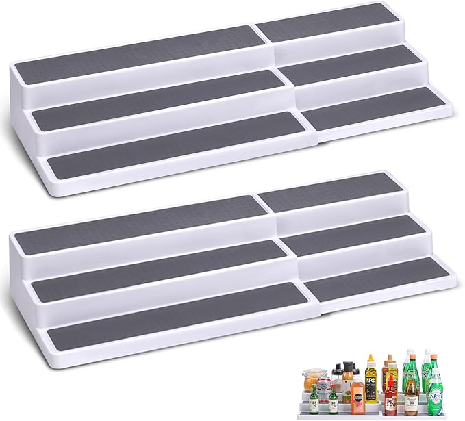 3 Tier Expandable Spice Rack Organizer, White/Grey Plastic Spice Rack, Adjustable Length 14.6In-25.8In, 2 Pack Non-Skid Tiered Spice Shelf Organizer for Kitchen Cabinet, Cupboard, Pantry-Ruum Studio Home